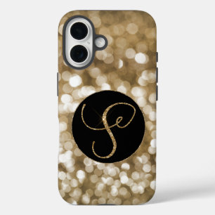 Dreamy Bokeh Gold Glitter Letter S Monogram Black  iPhone 16 Case