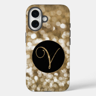 Dreamy Bokeh Gold Glitter Letter V Monogram Black  iPhone 16 Case