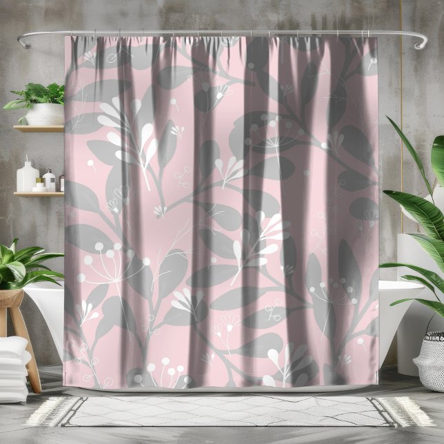 Dreamy Botanical: Pink Canvas with Grey Leaves Shower Curtain (Creator Uploaded)