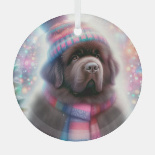 Dreamy Brown Newf in a Beanie Glass Tree Decoration