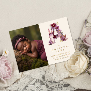 Dreamy Bunny A Initial Burgundy Glitter Newborn Announcement