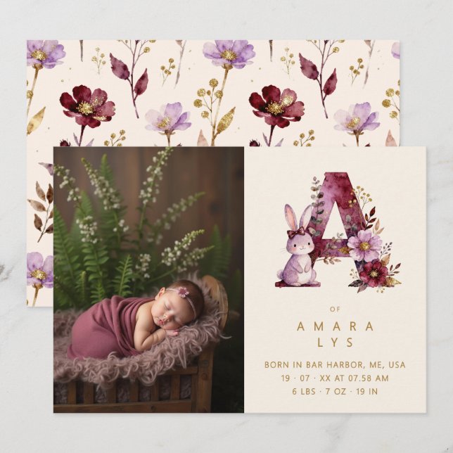 Dreamy Bunny A Initial Gold Glitter Newborn Announcement (Front/Back)