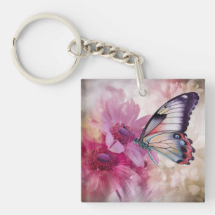 Dreamy Butterfly with Pink Flowers  Key Ring