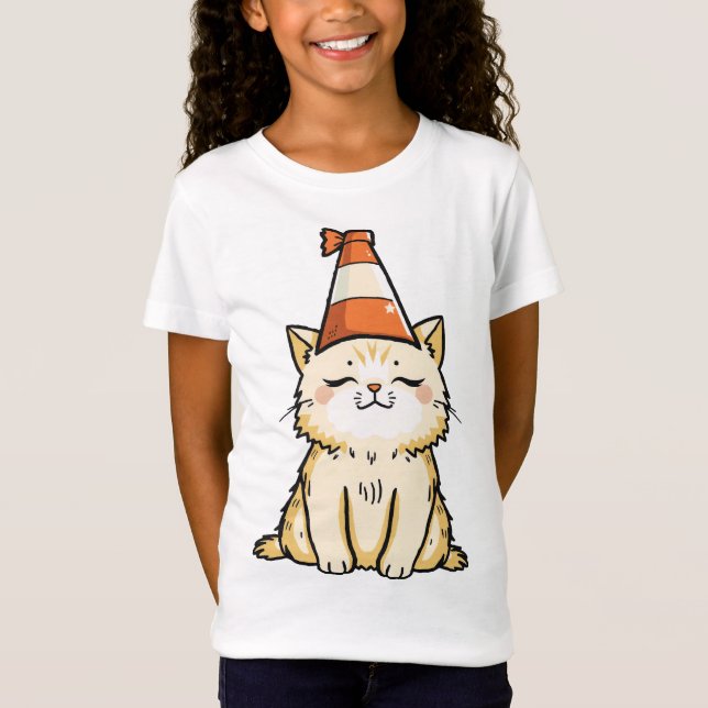 Dreamy Cat with Traffic Cone Hat T-Shirt (Front)