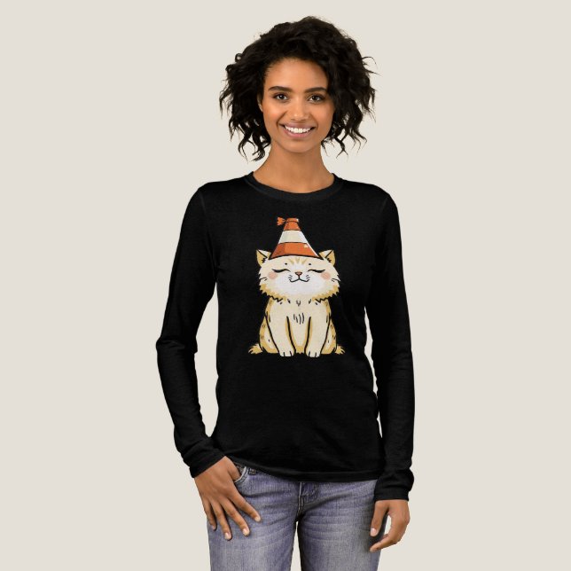 Dreamy Cat with Traffic Cone Hat Tri-Blend Shirt (Full Front)