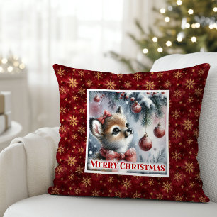 Dreamy Christmas scene baby fawn cozy winter kids Cushion