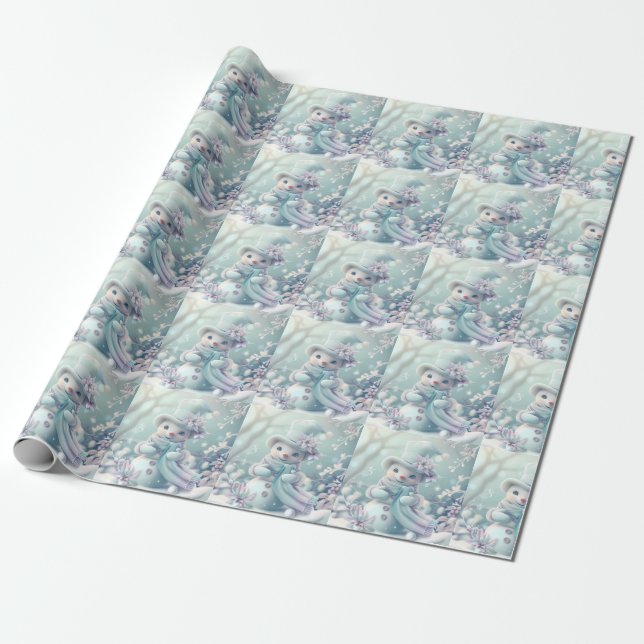 Dreamy Christmas Snowman Wrapping Paper (Unrolled)