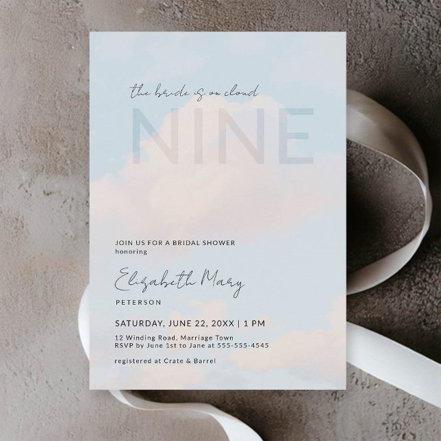 Dreamy Cloud 9 Sunny Modern Elegant Bridal Shower Invitation (the bride is on cloud 9 bridal shower invitation dreamy romantic pastel  blue sunny cloud sky modern)