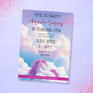 Dreamy Cloud Magical Unicorn Girl 10th Birthday Invitation