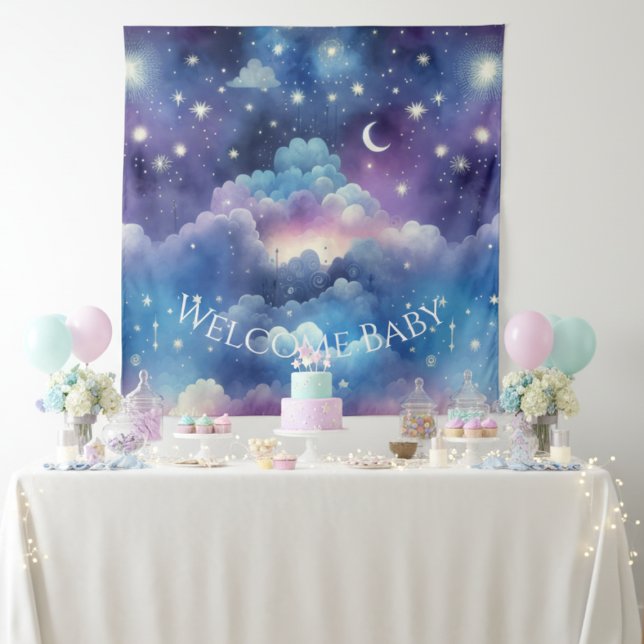 Dreamy Cloud Welcome Baby Tapestry (Starry sky baby shower backdrop)