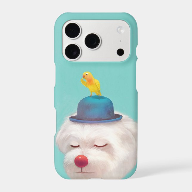 Dreamy Clown Dog: Smiling Bichon with Blue Hat (Back)