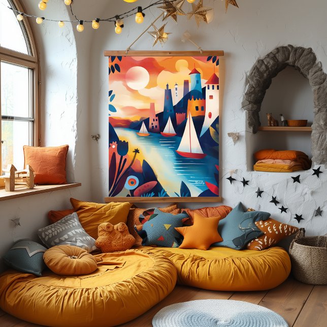 Dreamy Coastal Village Illustration Hanging Tapestry (Creator Uploaded)