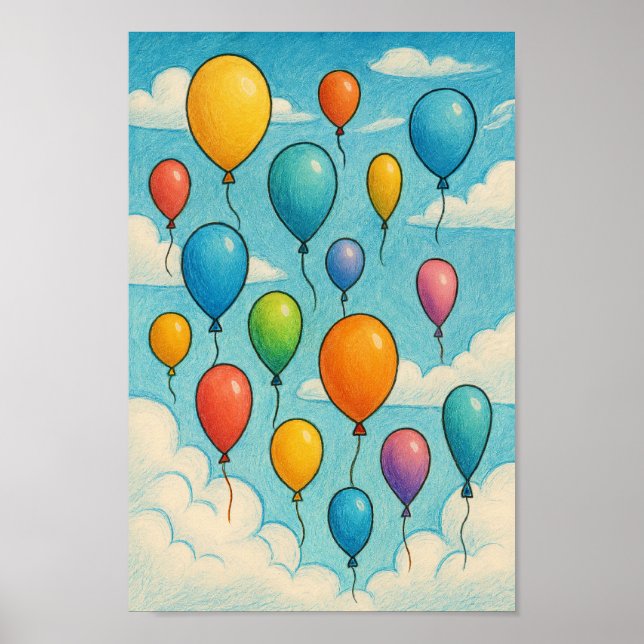 Dreamy Colorful Balloons Clouds Artwork Nursery Poster (Front)