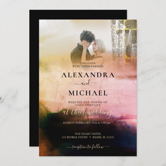 Dreamy Cream Black Abstract Photo Overlay Wedding Invitation (Front/Back)