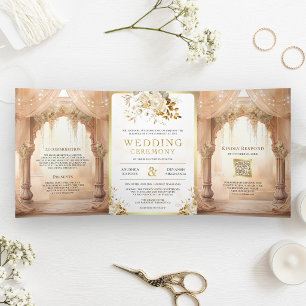 Dreamy Cream Floral Indian Mandap Hindu Wedding Tri-Fold Invitation