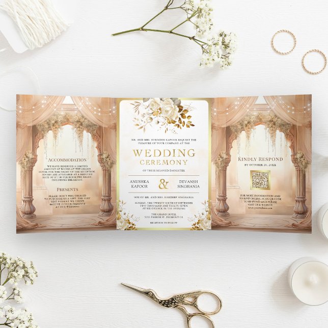 Dreamy Cream Floral Indian Mandap Hindu Wedding Tri-Fold Invitation (Creator Uploaded)