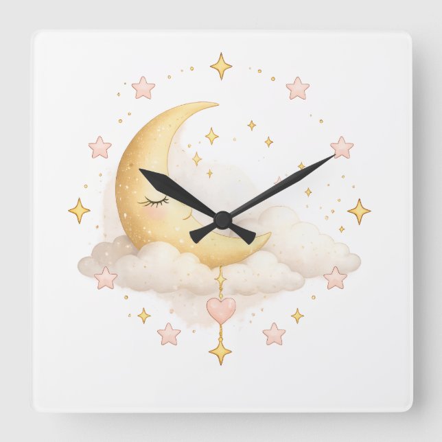 Dreamy Crescent Moon & Clouds Pastel Wall Clock |  (Front)