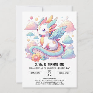 Dreamy Cute Dragon 1st Birthday Invitation