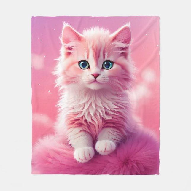 Dreamy Cute Fluffy Pink Kitty Cat Fleece Blanket (Front)