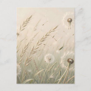 Dreamy Dandelion Seeds Blowing Wind Soft Neutral Postcard