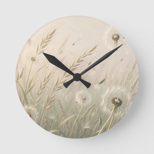Dreamy Dandelion Seeds Blowing Wind Soft Neutral  Round Clock (Front)