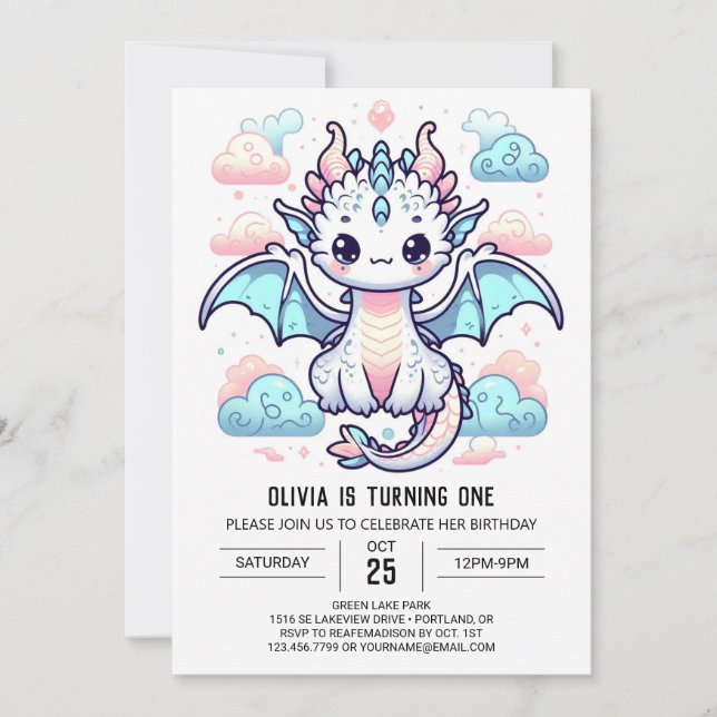 Dreamy Dragon 1st Birthday Invitation (Front)
