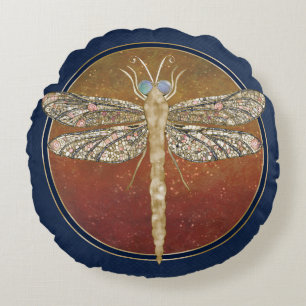 Dreamy Dragonfly “Messenger of Gilded Night” Round Cushion