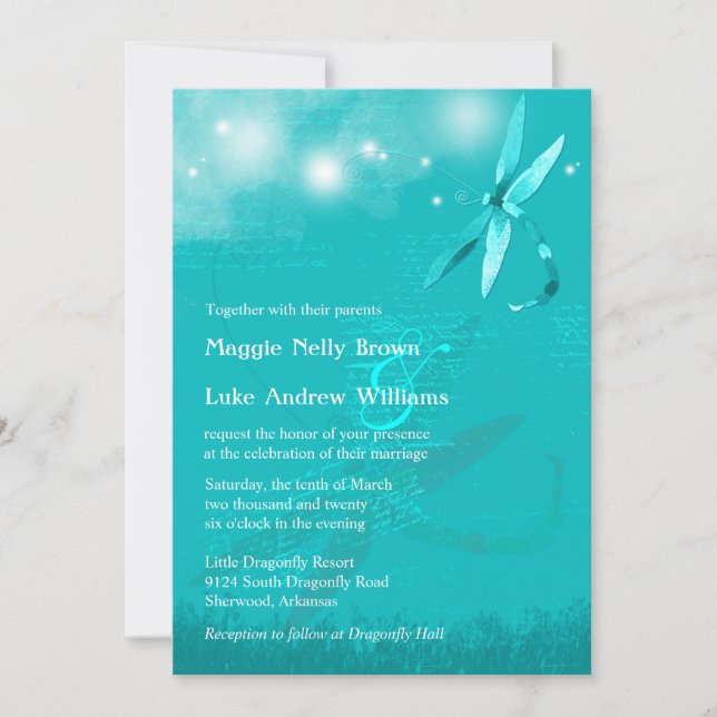 Dreamy Dragonfly Turquoise Wedding Invitation (Front)