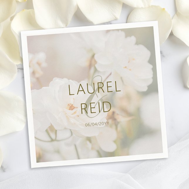 Dreamy Faded White Rose Photo Wedding Couple Names Napkin (Creator Uploaded)