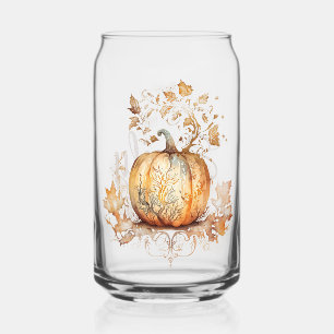 Dreamy fall decoration with pumpkin and leaves can glass
