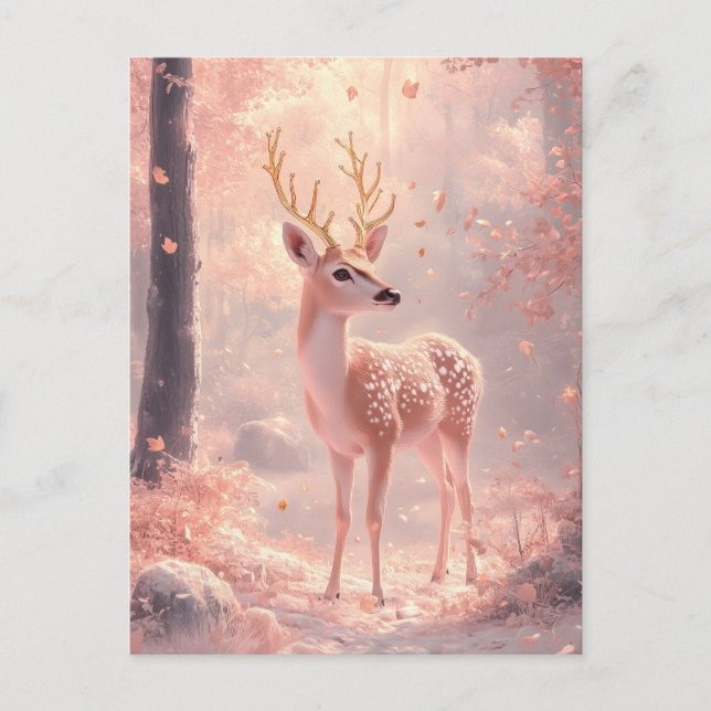 Dreamy Fawn in Pink Autumn Woods Postcard (Front)