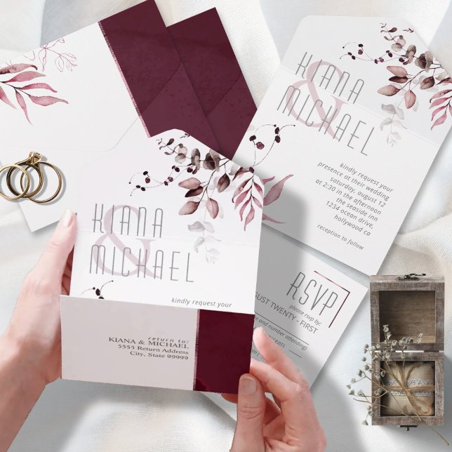 Dreamy Foliage Wedding Burgundy ID817 All In One Invitation (Creator Uploaded)