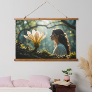 Dreamy Forest Woman with Glowing Flower Hanging Tapestry