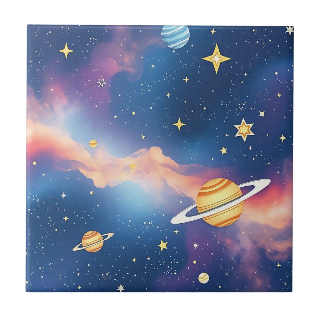 Dreamy Galaxy Planets Stars Pattern Tile (Front)