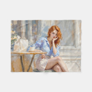 Dreamy gentle red haired woman in soft colours fleece blanket