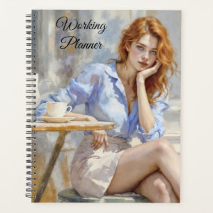 Dreamy gentle red haired woman in soft colours planner