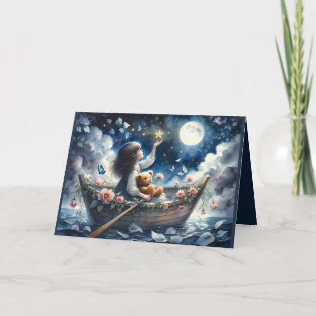 Dreamy Girl Rowing Boat Moonlit Fantasy Scene Card (Front)