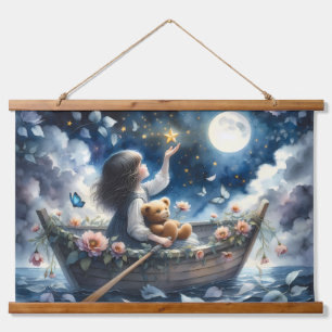 Dreamy Girl Rowing Boat Moonlit Fantasy Scene Hanging Tapestry