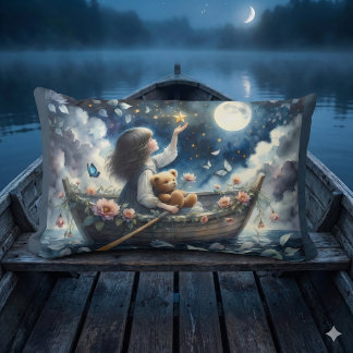 Dreamy Girl Rowing Boat Moonlit Fantasy Scene Lumbar Cushion