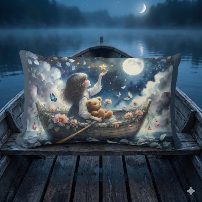 Dreamy Girl Rowing Boat Moonlit Fantasy Scene Lumbar Cushion (Dreamy Girl Rowing Boat Moonlit Fantasy Scene Lumbar Pillow Mockup C)