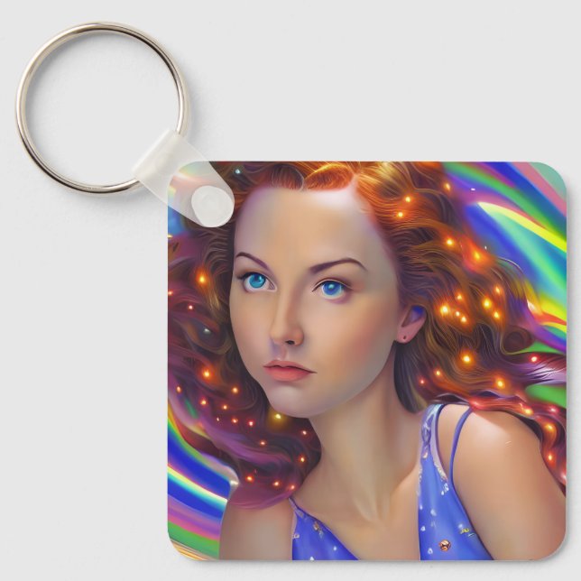 Dreamy Girl with Rainbow Lights  Key Ring (Front)
