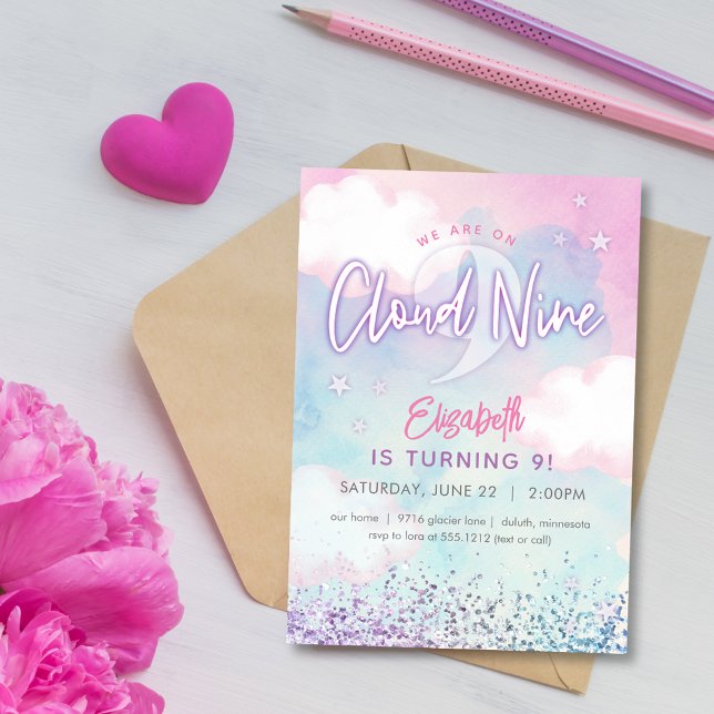 Dreamy Girly On Cloud Nine 9th Birthday  Invitation (Creator Uploaded)