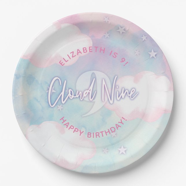 Dreamy Girly On Cloud Nine 9th Birthday  Paper Plate (Front)