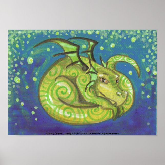 Dreamy Green Dragon swirly fantasy art Poster (Front)