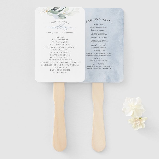 Dreamy Greenery Dusty Blue Wedding Program Hand Fan (Front and Back)