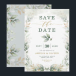 Dreamy Greenery Gold Eucalyptus Save the Date Invitation<br><div class="desc">This elegant botanical-themed  Save the Date card features beautiful watercolor greenery leaves in green and gold and elegant typography combining modern clean-cut text and a touch of calligraphy</div>