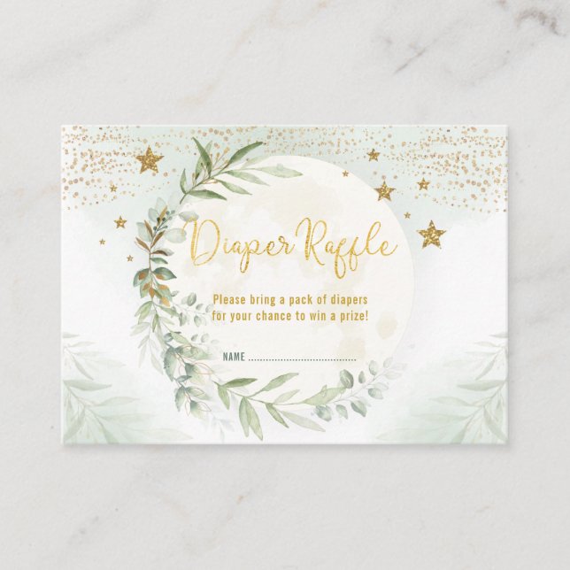 Dreamy Greenery Gold Moon & Stars Diaper Raffle Enclosure Card (Front)