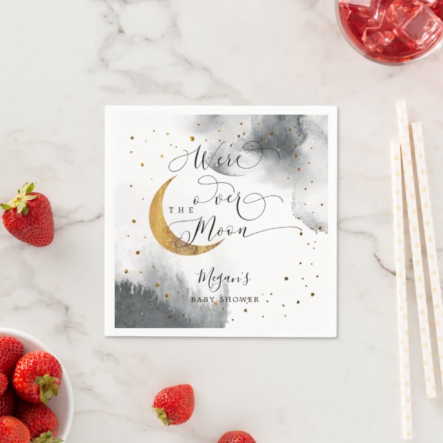 Dreamy Grey Gold Over The Moon Baby Shower Napkin (Insitu)