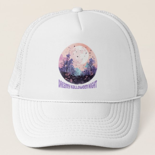 Dreamy Halloween Night – Pastel Purple Moon Trucker Hat (Front)
