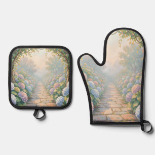 Dreamy Hydrangea Garden Arch Stone Path Cottage Oven Mitt & Pot Holder Set